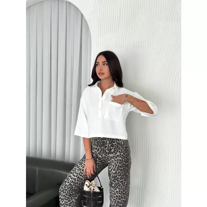 Kadın Crop Yakalı Gömlek Üç Çeyrek Sleeve Kol - Beyaz