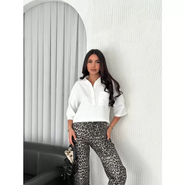 Kadın Crop Yakalı Gömlek Üç Çeyrek Sleeve Kol - Beyaz