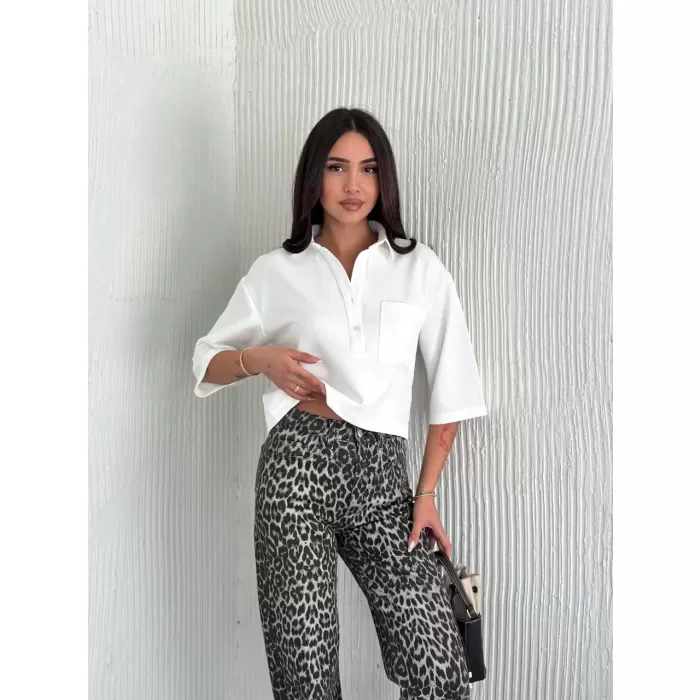 Kadın Crop Yakalı Gömlek Üç Çeyrek Sleeve Kol - Beyaz