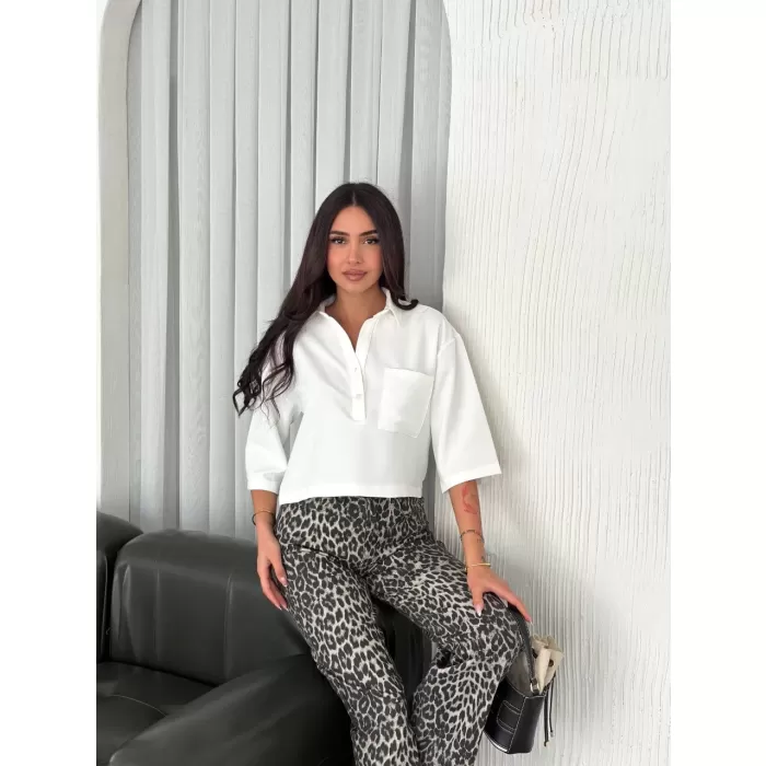 Kadın Crop Yakalı Gömlek Üç Çeyrek Sleeve Kol - Beyaz