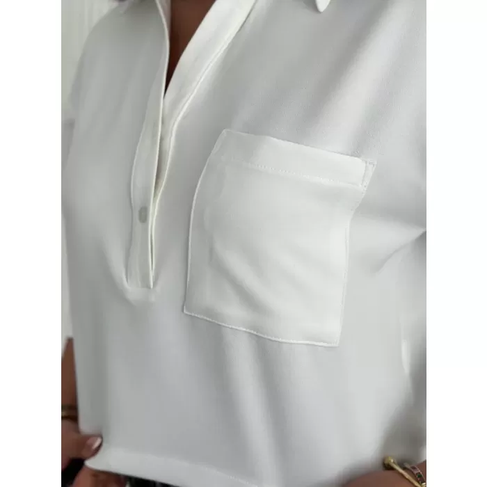 Kadın Crop Yakalı Gömlek Üç Çeyrek Sleeve Kol - Beyaz