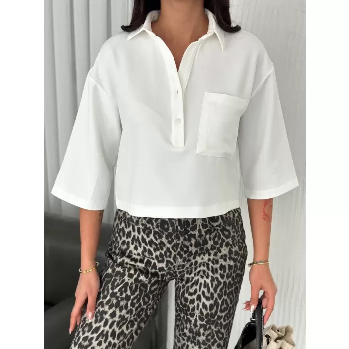 Kadın Crop Yakalı Gömlek Üç Çeyrek Sleeve Kol - Beyaz