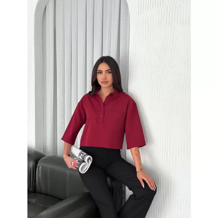 Kadın Crop Yakalı Gömlek Üç Çeyrek Sleeve Kol - Bordo