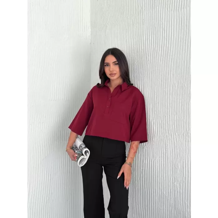 Kadın Crop Yakalı Gömlek Üç Çeyrek Sleeve Kol - Bordo