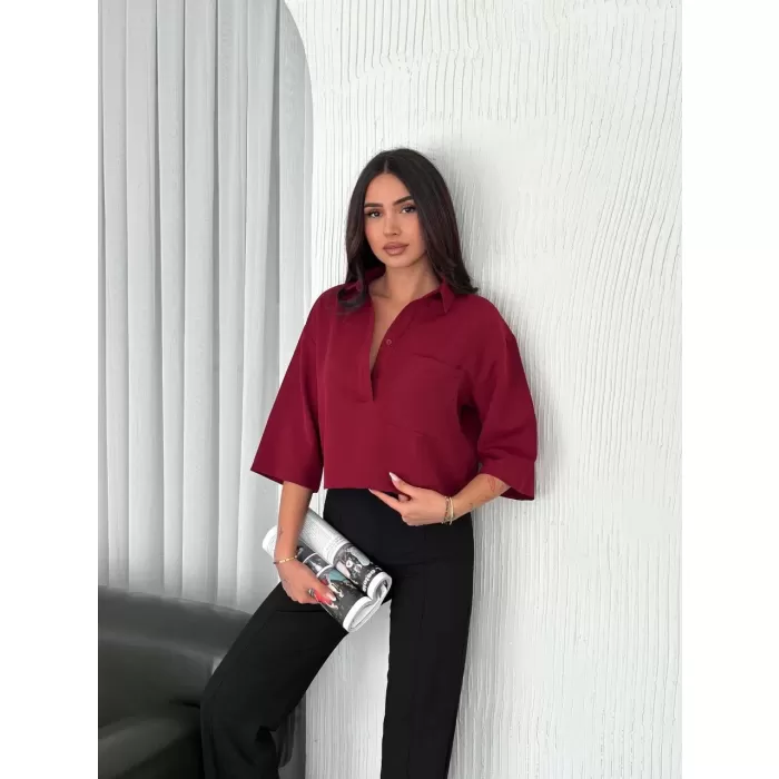 Kadın Crop Yakalı Gömlek Üç Çeyrek Sleeve Kol - Bordo