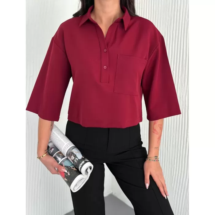 Kadın Crop Yakalı Gömlek Üç Çeyrek Sleeve Kol - Bordo