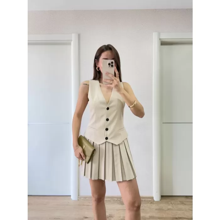 Takım Görünümlu Yelekli Mini Elbise- Bej