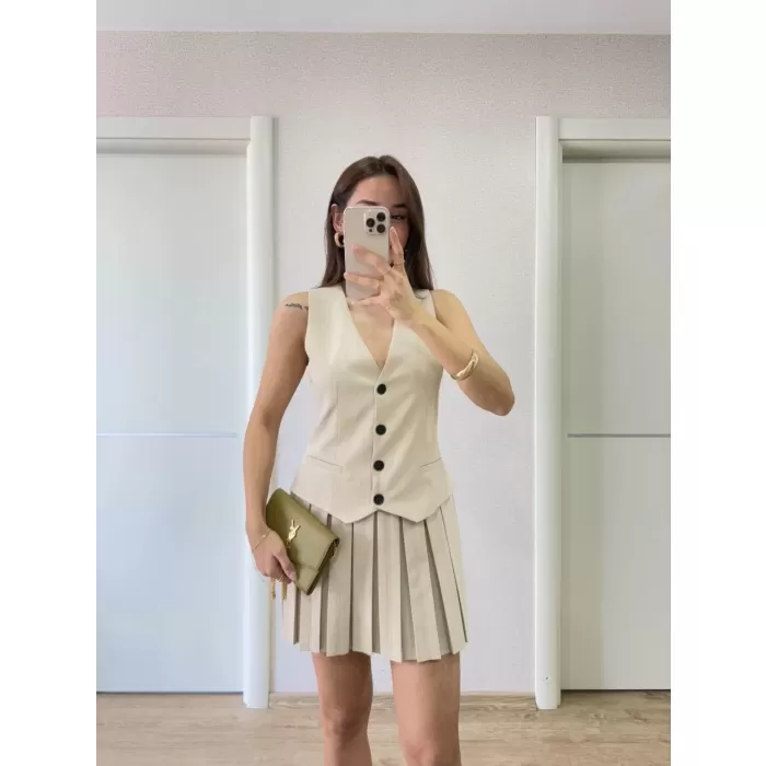 Takım Görünümlu Yelekli Mini Elbise- Bej