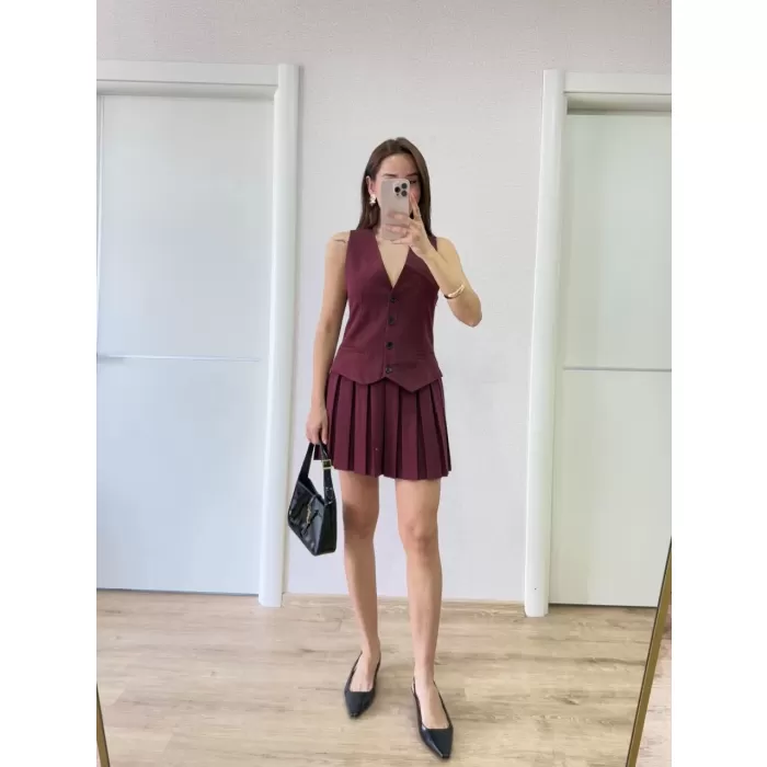 Takım Görünümlu Yelekli Mini Elbise- Bordo