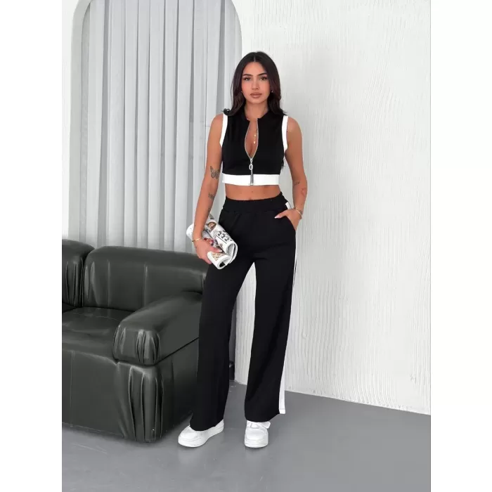 Osy Modal Yumuşak Dokulu Kumaş Tam Fermuarlı Crop Pantalon İkili Takım - Siyah