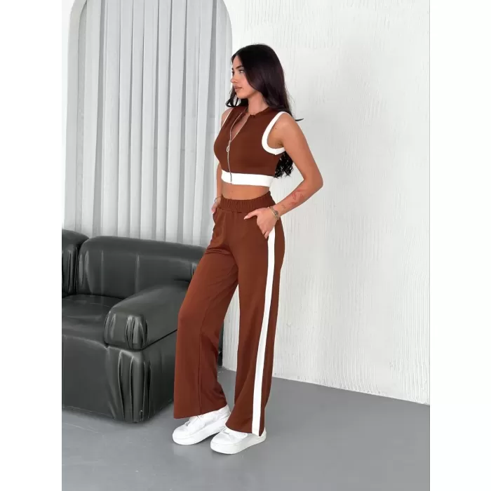 Osy Modal Yumuşak Dokulu Kumaş Tam Fermuarlı Crop Pantalon İkili Takım - Kahverengi