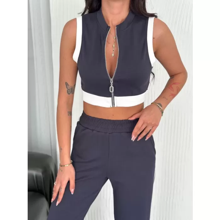 Osy Modal Yumuşak Dokulu Kumaş Tam Fermuarlı Crop Pantalon İkili Takım - Antrasit