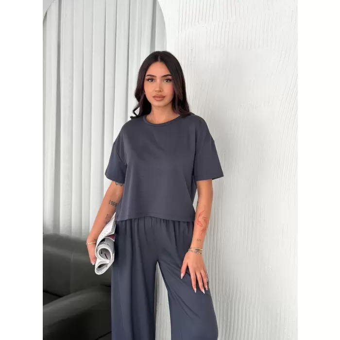 Osy Modal Yumuşak Dokulu Kumaş Bisiklet Yaka T-shirt Bol paça Pantalon ikili Takım -Antrasit