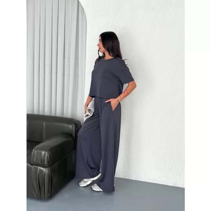 Osy Modal Yumuşak Dokulu Kumaş Bisiklet Yaka T-shirt Bol paça Pantalon ikili Takım -Antrasit