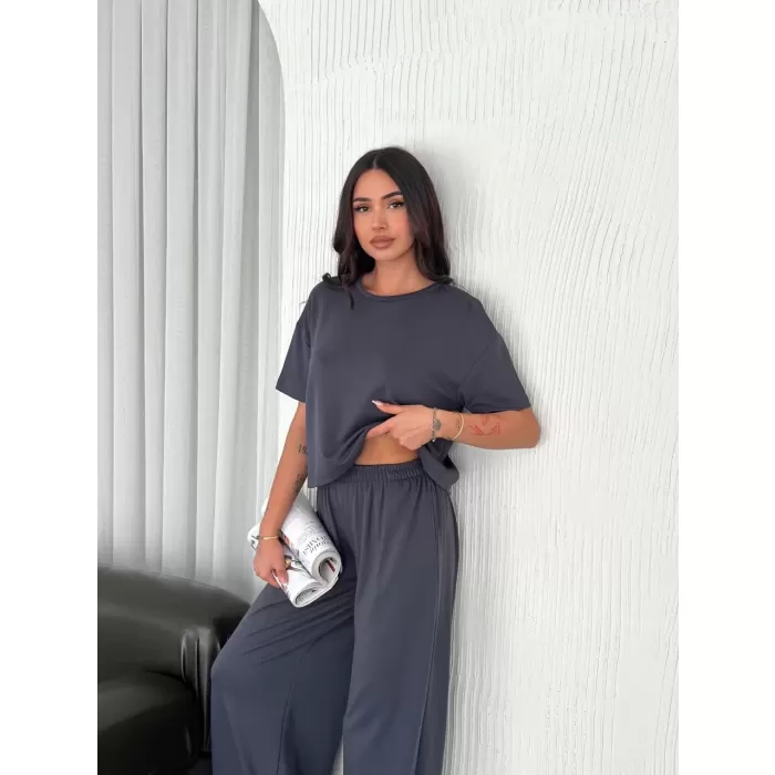 Osy Modal Yumuşak Dokulu Kumaş Bisiklet Yaka T-shirt Bol paça Pantalon ikili Takım -Antrasit