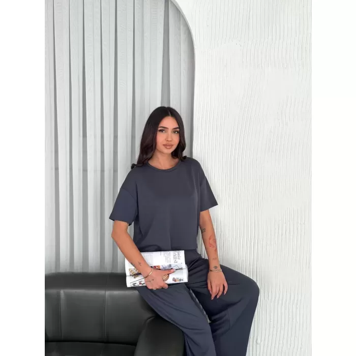 Osy Modal Yumuşak Dokulu Kumaş Bisiklet Yaka T-shirt Bol paça Pantalon ikili Takım -Antrasit