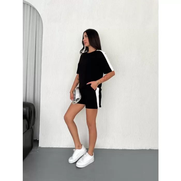 Osy Modal yumuşak dokulu Kumaş Kadın Parçalı Bisiklet Yaka T-shirt Kısa Şort İkili Takım - Siyah