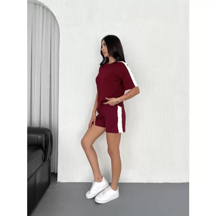 Osy Modal yumuşak dokulu Kumaş Kadın Parçalı Bisiklet Yaka T-shirt Kısa Şort İkili Takım -  Bordo