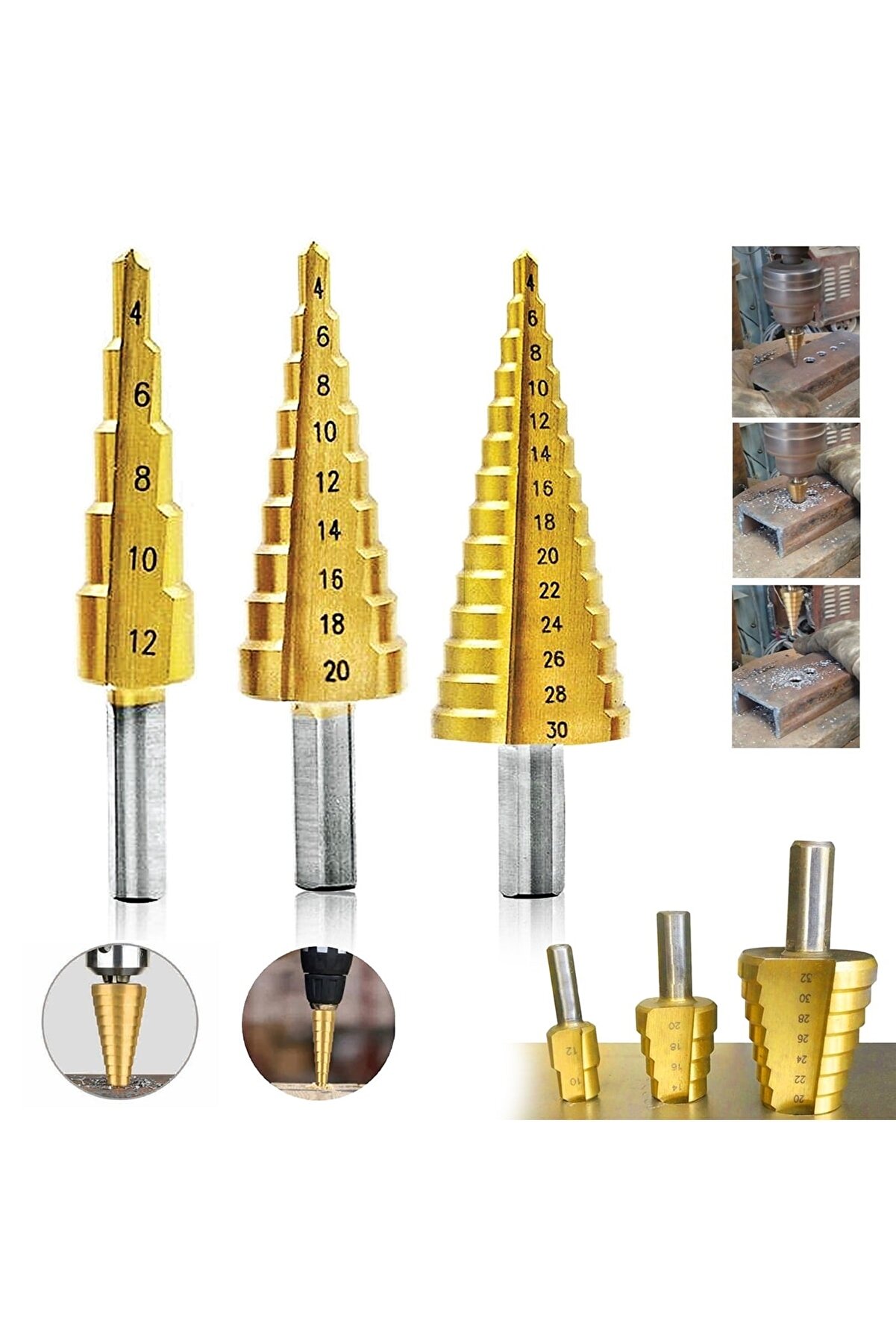 3 Lü Set Matkap Ucu Kademeli Sac Delme Aparatı Hss Titanyum Kaplama (4172)