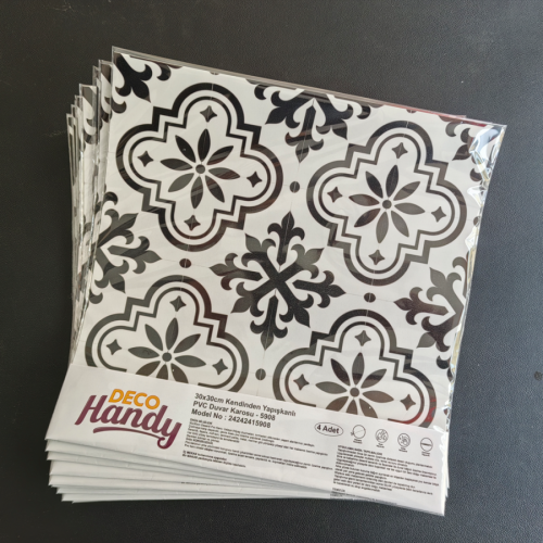 Decohandy  Pvc Yer Karosu 30X30Cm 4'Lü Paket - Siyah Beyaz Çini Desen  0,36M2