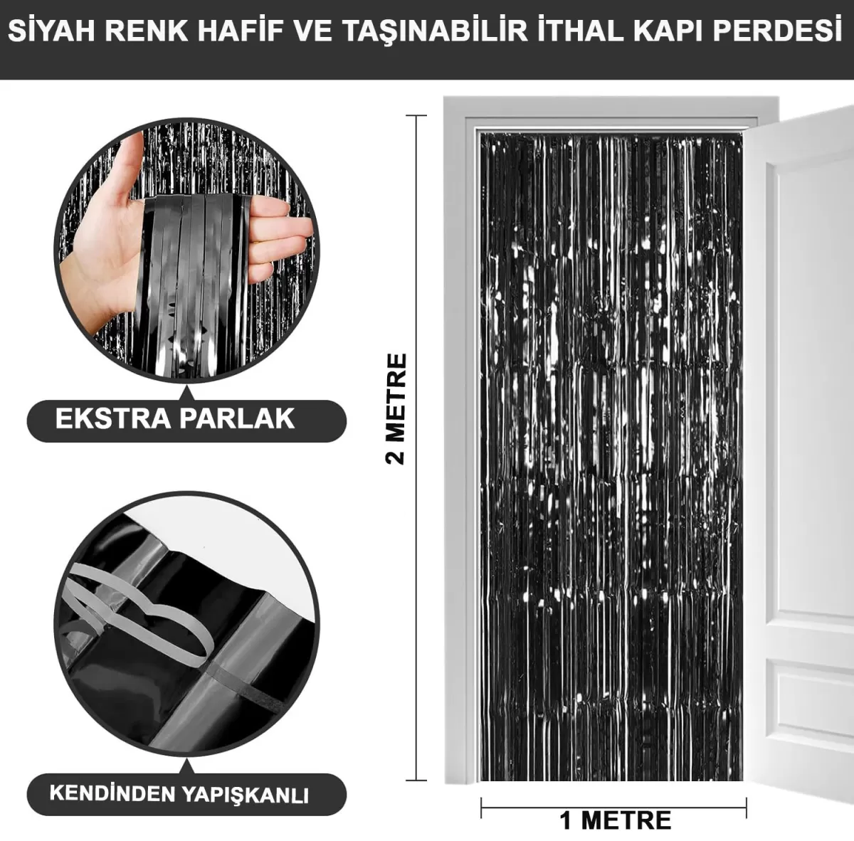 Siyah Renk Ekstra Metalize Parlak Saçaklı Arka Fon Perde İthal  1X2 Metre (4172)