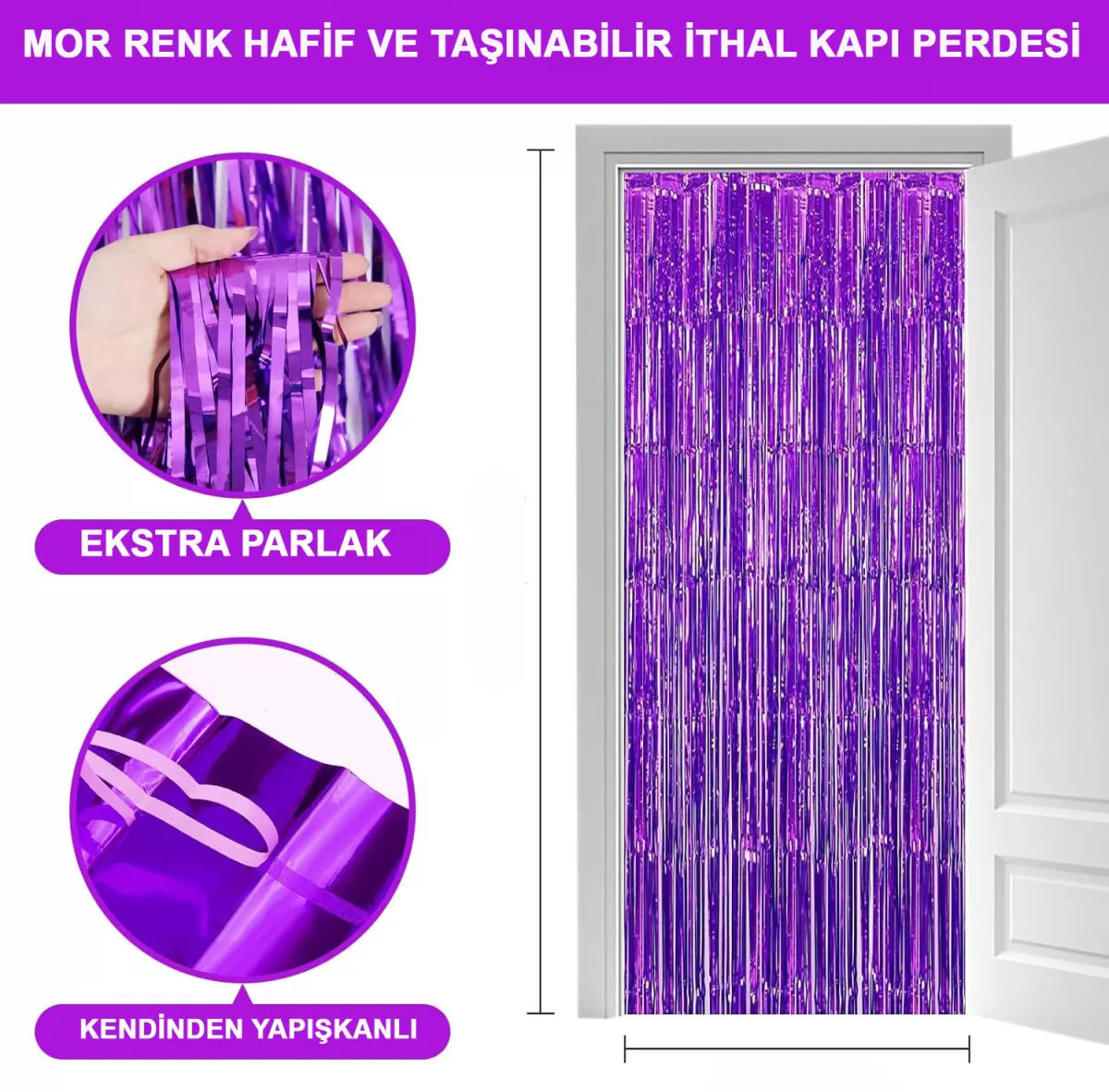 Mor Renk Ekstra Metalize Parlak Saçaklı Arka Fon Perde İthal  1X2 Metre (4172)