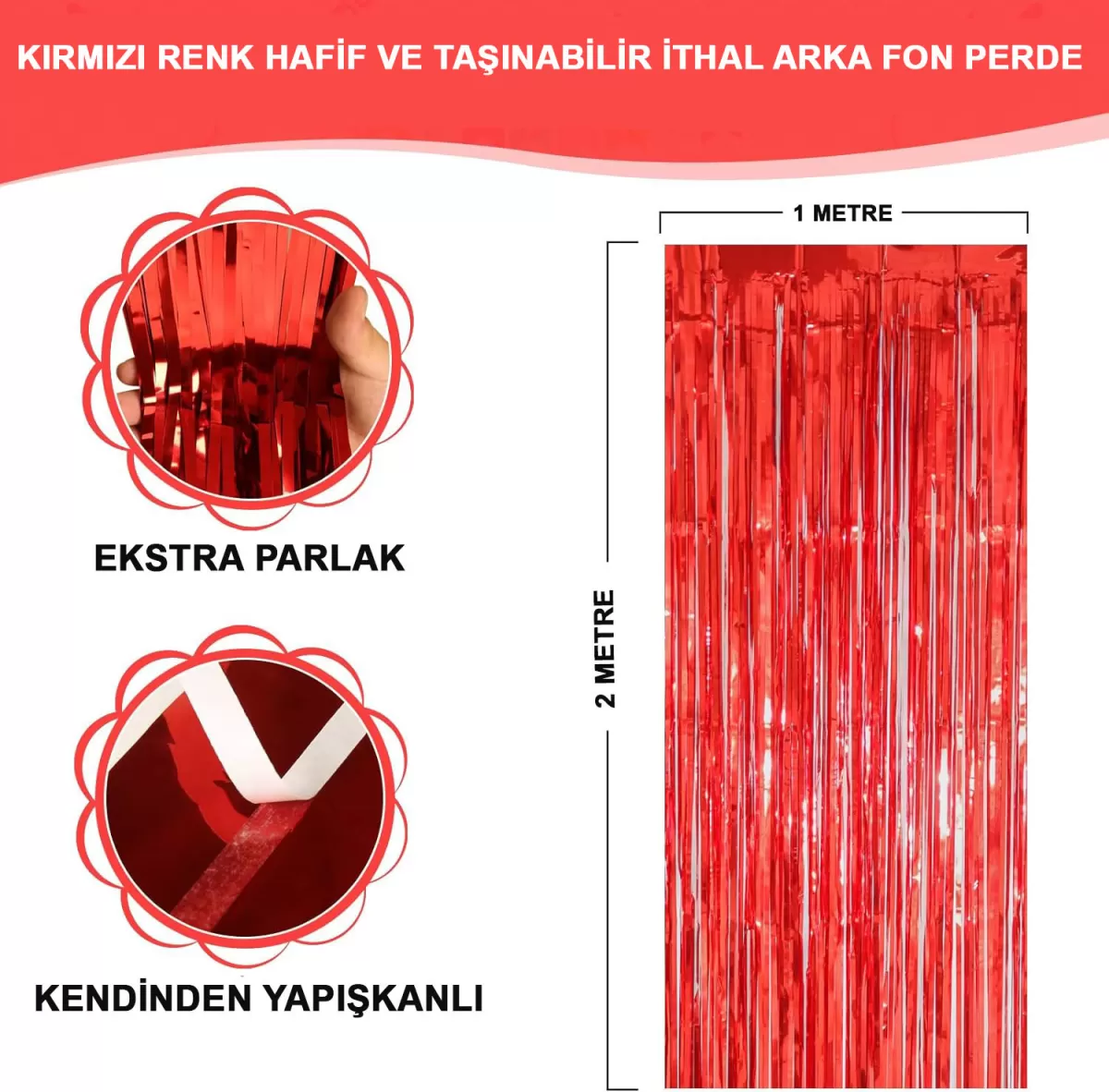 Kırmızı Renk Ekstra Metalize Parlak Saçaklı Arka Fon Perde İthal  1X2 Metre (4172)