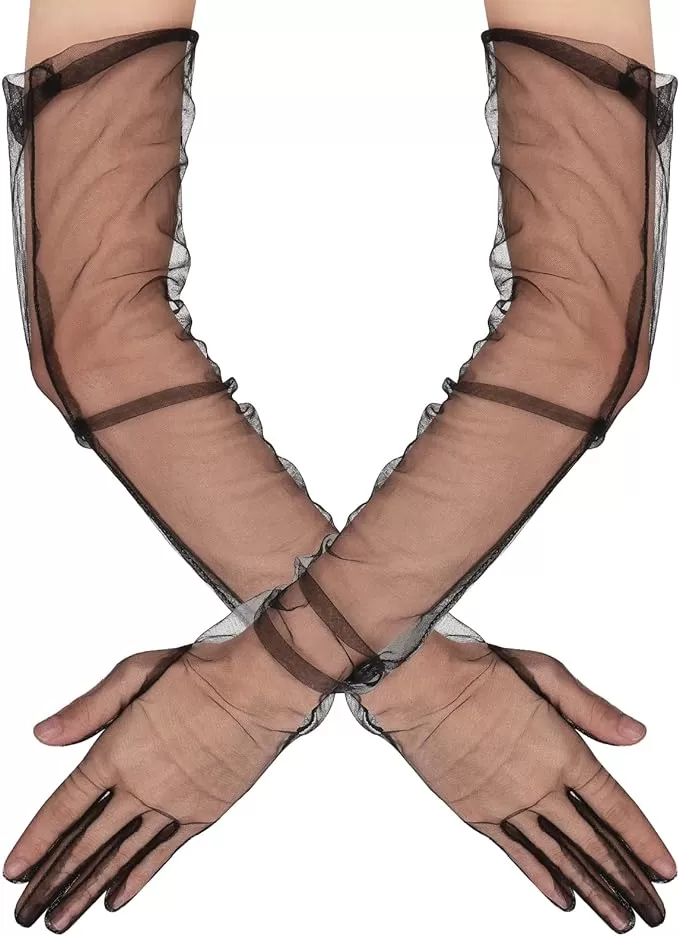 Uzun Boy Likralı Siyah Renk Yetişkin Mega Tül Eldiven 53 Cm (4172)