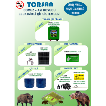 TORSAN GÜNEŞ PANELLİ EKO 1000 Elektrikli Çit Sistemi ( Domuz - Ayı Kovucu ) 1000MT