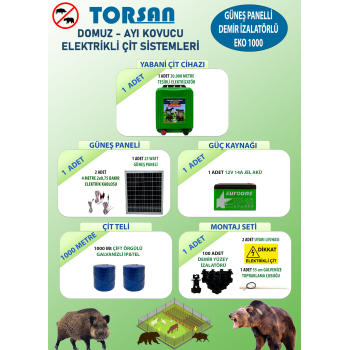 TORSAN GÜNEŞ PANELLİ EKO PLUS 1000 Elektrikli Çit Sistemi ( Domuz - Ayı Kovucu ) 1000MT
