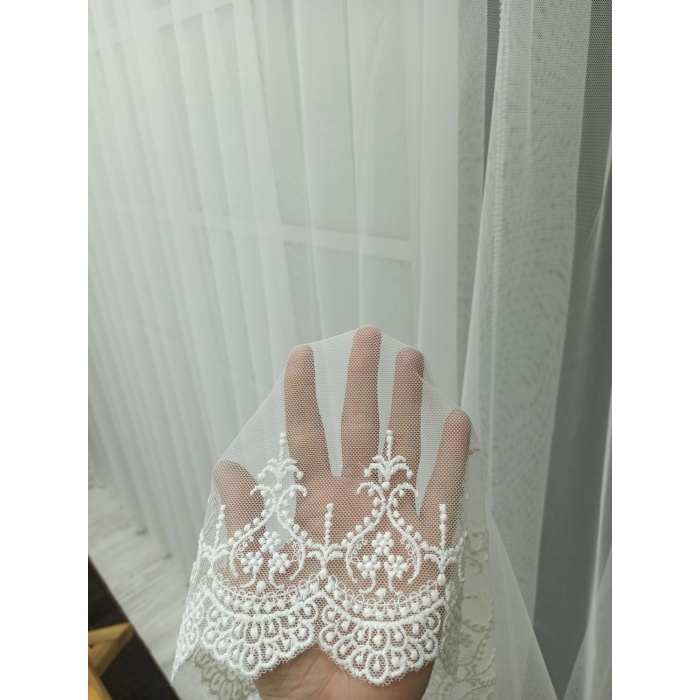 Eteği Nakışlı Hanımeli Grek Zeminli Tül Perde - 8542