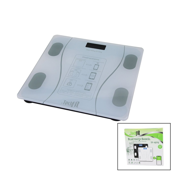TECHFİT TF-1075 (BLUETOOTH &VÜCUT ANALİZLİ) DİJİTAL BASKÜL TERAZİ TARTI (180KG/50G) (YAĞ &SU &KAS ORAN &BMI &ODA ℃)*10