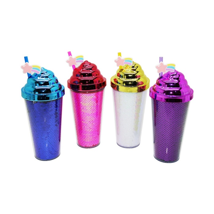KRD HOME KRD-23047 ( KÜLAH DONDURMA MODELİ ) ( RENKLİ ) ÇİFT CİDARLI & PUL KAPLAMALI & PİPETLİ PLASTİK BARDAK*60