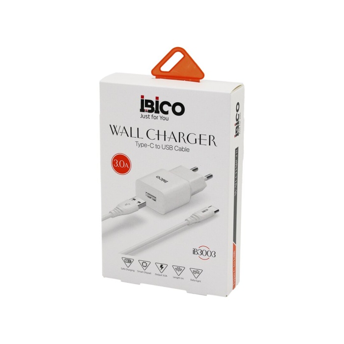 İBİCO İB-3003 ( USB TO=( TYPE-C ) (SET) (EV BAŞLIK + KABLO=1MT) TELEFON ŞARJ (HIZLI) ( 3.0A ) (9V-12V )*5X20