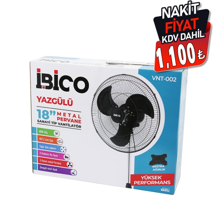İBİCO VNT-002 (18 İNÇ) (45.7CM) (SANAYİ) TİPİ AYAKLI VANTİLATÖR (3 KADEME HIZ & 3 METAL KANAT) (80W) (140CM YÜKSEKLİK)*1