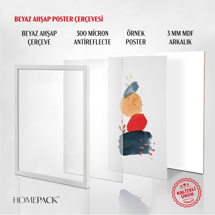 Beyaz Ahşap Çerçeveli Poster Çerçevesi, Önü Korumalı Boş Çerçeve-BEYAZ