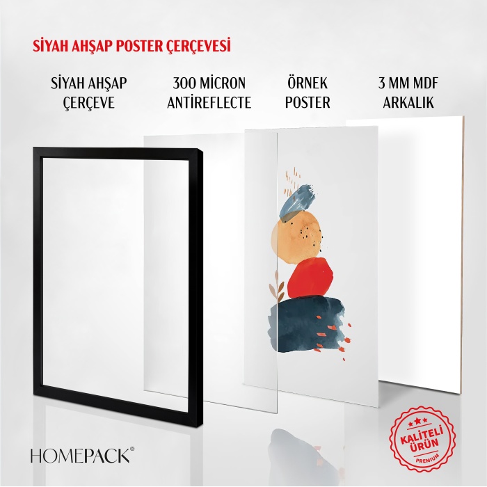 Siyah Ahşap Çerçeveli Poster Çerçevesi, Önü Korumalı Boş Çerçeve-SİYAH