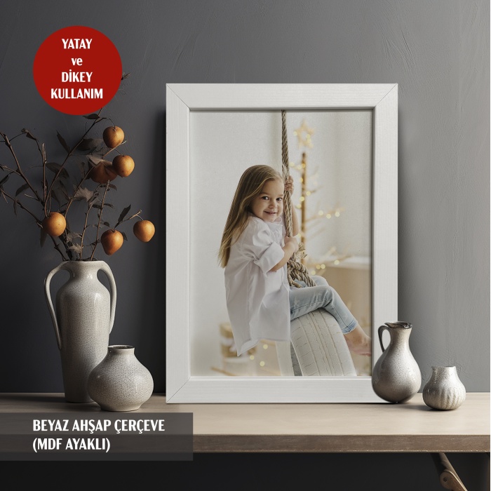 MASAÜSTÜ Beyaz Ahşap Çerçeveli Fotoğraf Çerçevesi, Önü Korumalı Boş Anı Çerçevesi -BEYAZ