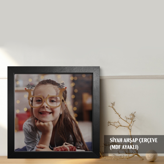 MASAÜSTÜ KARE Siyah Ahşap Çerçeveli Fotoğraf Çerçevesi, Önü Korumalı Boş Anı Çerçevesi -SİYAH