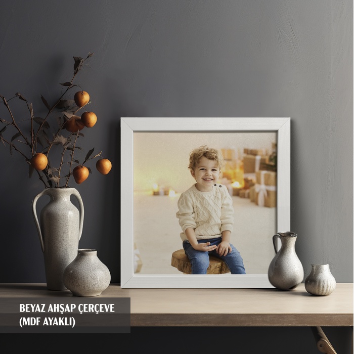 MASAÜSTÜ KARE Beyaz Ahşap Çerçeveli Fotoğraf Çerçevesi, Önü Korumalı Boş Anı Çerçevesi -BEYAZ