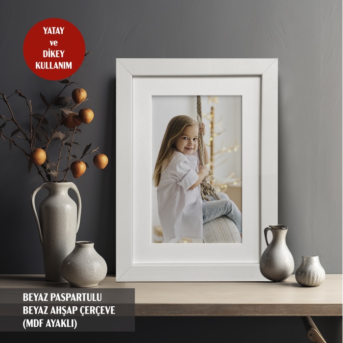 MASAÜSTÜ BEYAZ PASPARTULU Beyaz Ahşap Çerçeveli Fotoğraf Çerçevesi, Önü Korumalı Boş Anı Çerçevesi -BEYAZ