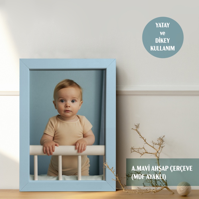 MASAÜSTÜ Bebe Mavisi Ahşap Çerçeveli Fotoğraf Çerçevesi, Önü Korumalı Boş Anı Çerçevesi -BEBE MAVİSİ
