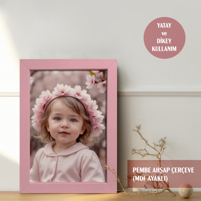 MASAÜSTÜ Bebe Pembesi Ahşap Çerçeveli Fotoğraf Çerçevesi, Önü Korumalı Boş Anı Çerçevesi -BEBE PEMBESİ