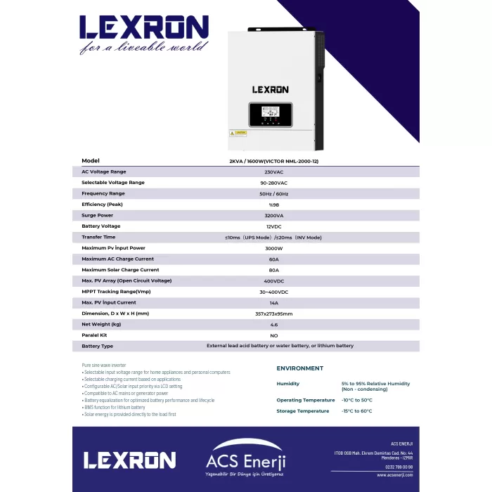 Lexron 1.6kw Hv Mppt 12v Akıllı inverter