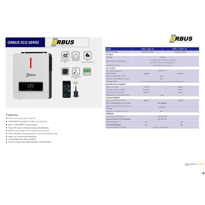Orbus 3kw 24V Mppt Akıllı inverter