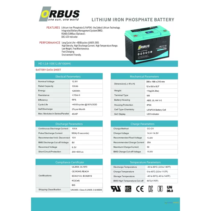 Orbus 12.8 V Volt 100ah Amper Lityum Akü