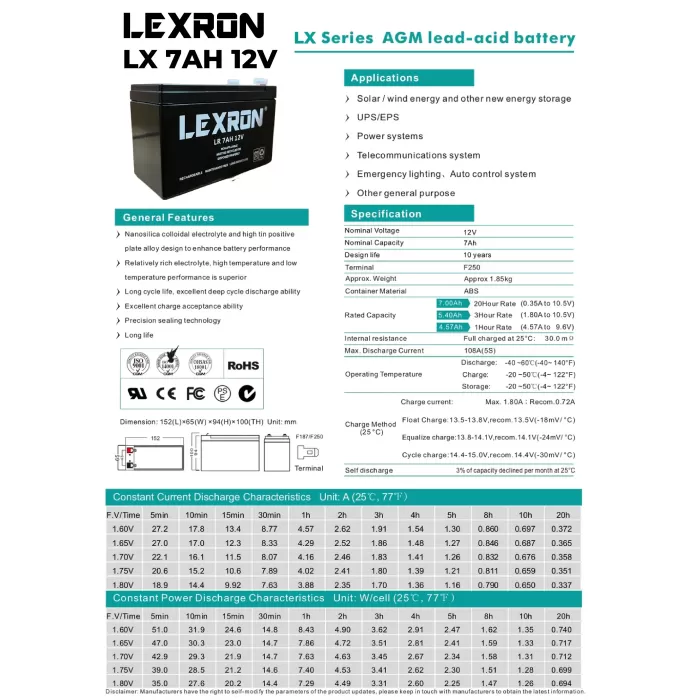 Lexron 7ah-12v Kuru Tip Akü