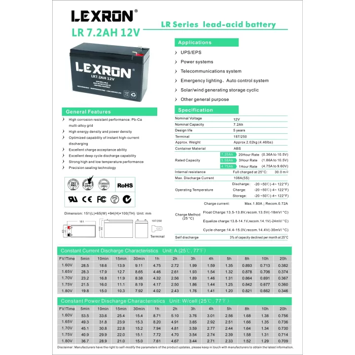 Lexron 7.2ah-12v Kuru Tip Akü