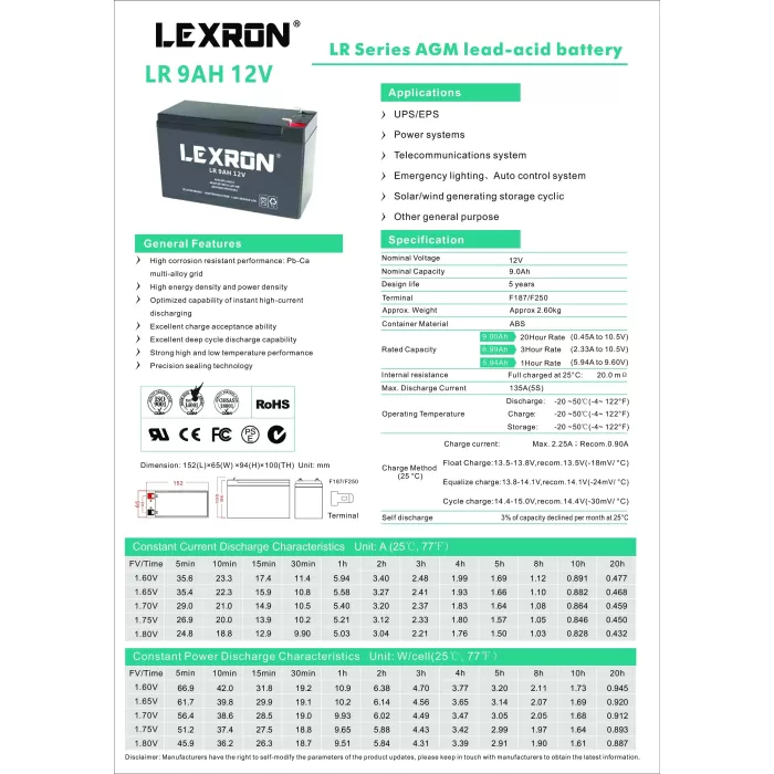 Lexron 9ah-12v Kuru Tip Akü