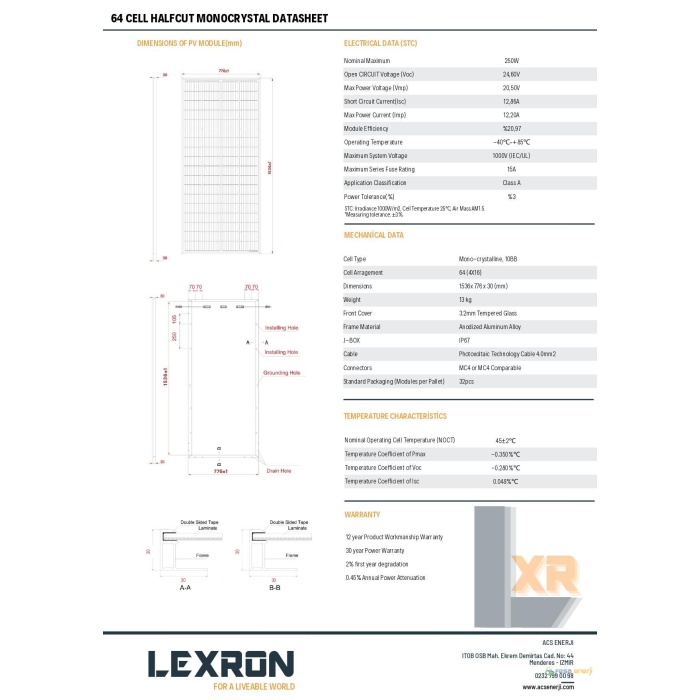 Lexron 280W Half Cut Monokristal Güneş Paneli
